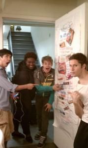 Aaron Albano, Capathia Jenkins, Andrew Keenan-Bolger, and Thayne Jasperson with the poster I sent them! (Image by Kara Lindsay)